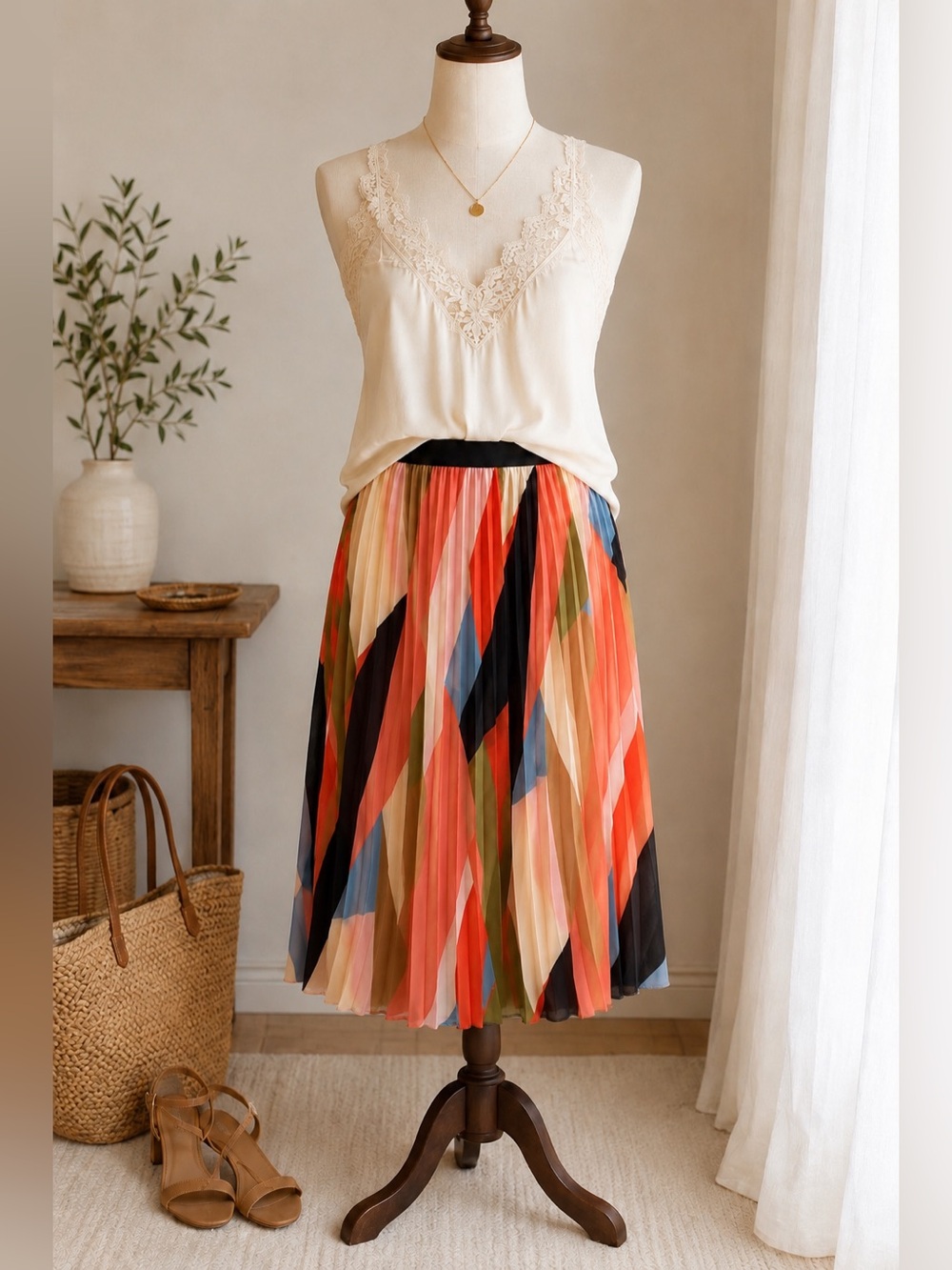 HD in Paris Colorblock Pleated Midi Skirt Geometric Print Size 2